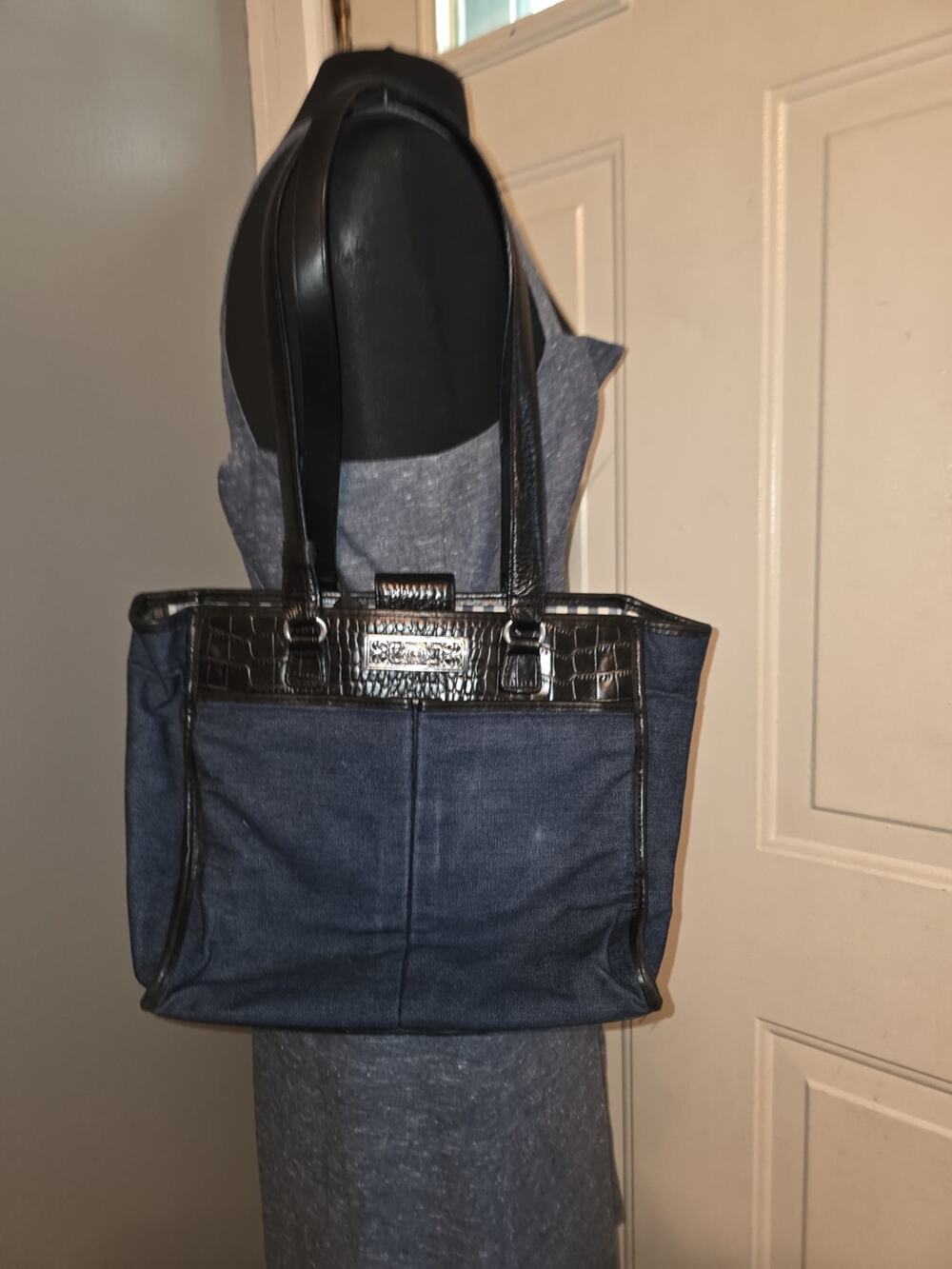 Brighton Croc Embossed Leather & Denim Shoulder Bag Purse 90s Y2K